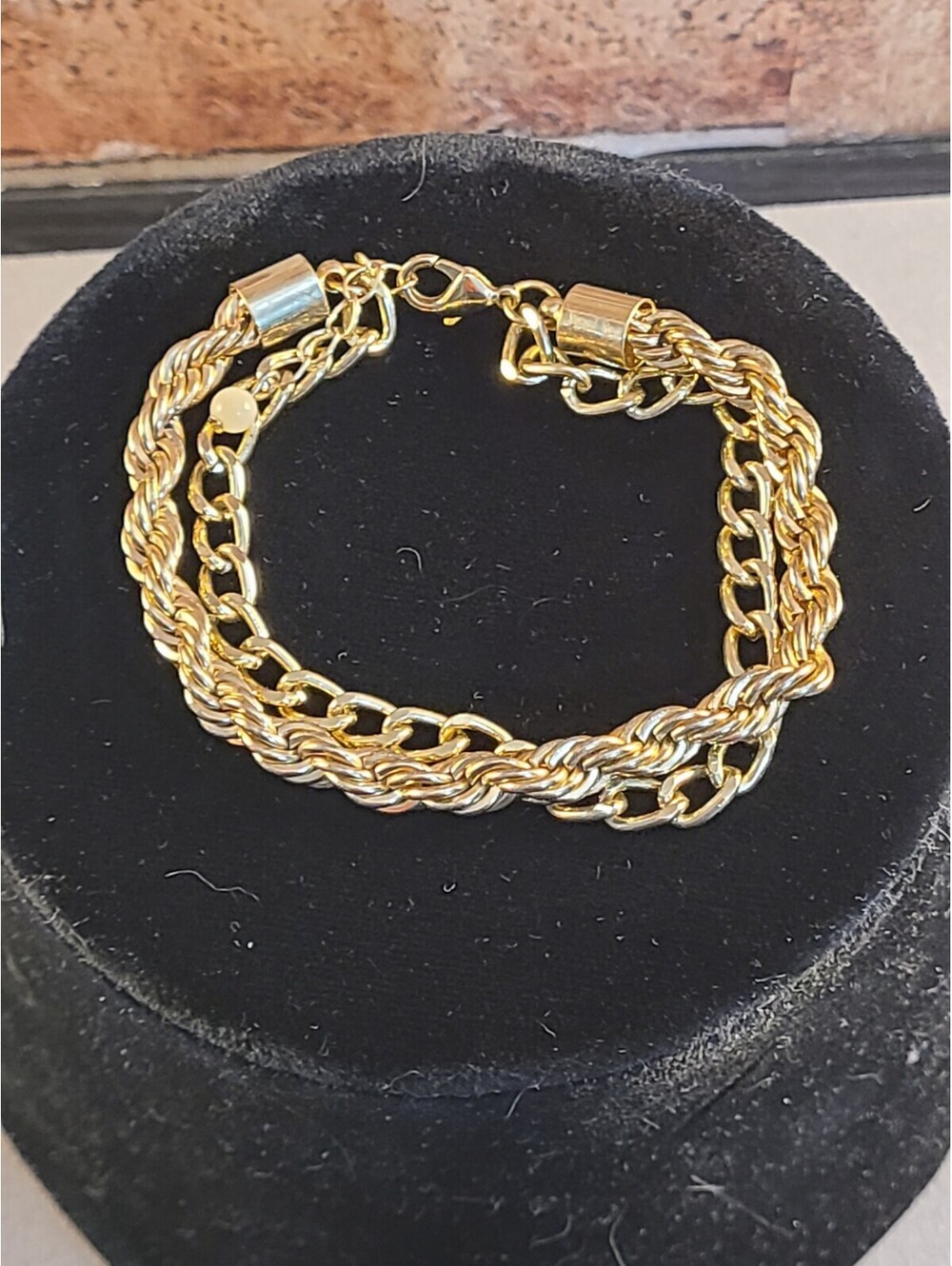 Vtg Gold Tone Double Chain Rope & Curb Link  Adjustable Bracelet Chunky Layered
